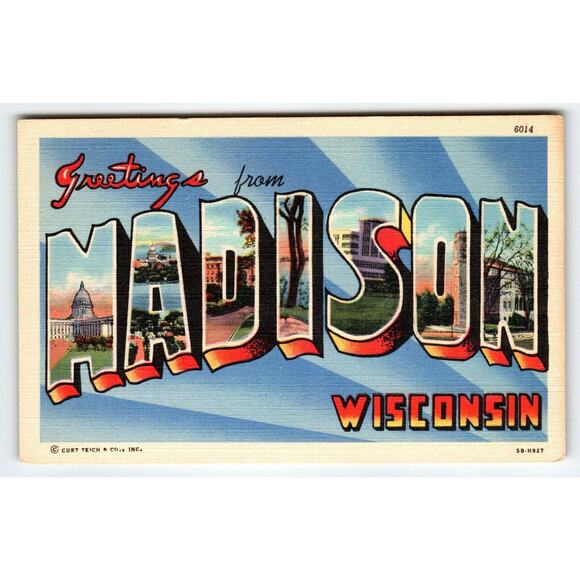 Greetings From Madison Wisconsin Large Big Letter Postcard Curt Teich Vintage - Picture 1 of 2